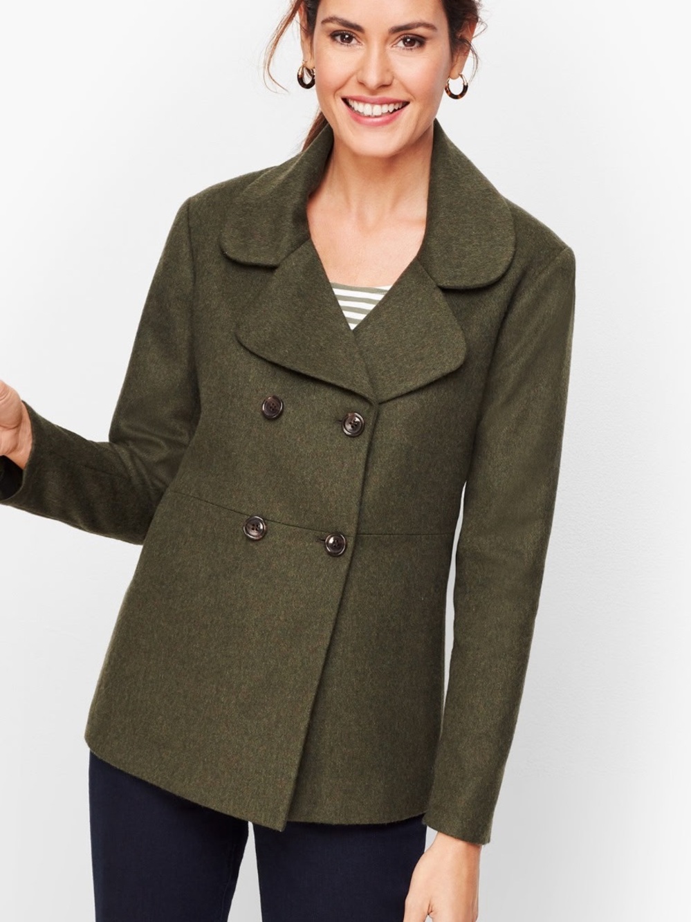 Talbots Olive Wool-Blend Double-Breasted Peacoat Italian woven fabric